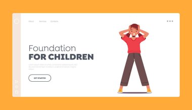 Çocuk İniş Şablonu Vakfı. Küçük Bağıran Kafa Ellerinle Şok Edici Kız Duygusallığı. Çocuk Karakteri Cesaretsiz Yüz İfadesi. Çizgi film İnsanları Vektör İllüstrasyonu