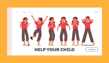 Çocuk İniş Şablonuna yardım et. Çocuk Duyguları Şaşırmış, Mutlu, Şok Olmuş, Kızgın ve Ağlayan Yüz ifadeleri. Çocuk Karakteri Farklı Duygular İfade Ediyor. Çizgi film İnsanları Vektör Çizim Oranı