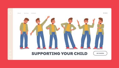 Çocuk Desteği İniş Sayfa Şablonu. Farklı Çocuk Duyguları, Erkek Yüz İfadesi, Üzgün, Mutlu, Öfkeli, Kendine güvenen ve Sıkıcı Duygular. Çocuk Karakteri İfadeleri. Çizgi film İnsanları Vektör İllüstrasyonu