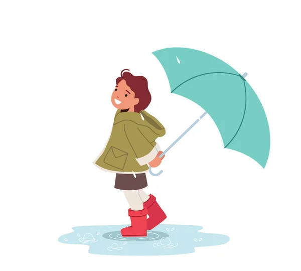 Счастливая Маленькая Девочка Зонтиком Улице Малыш Персонаж Резиновых Сапогах Стоит — стоковый вектор