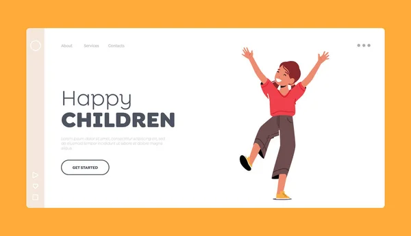 Happy Children Landing Page Template. Little Girl Jump with Raised Arms, Kid Emotion of Happiness and Joy, Positive Facial Expression. Child Character Express Fun Feelings. Cartoon Vector Illustration