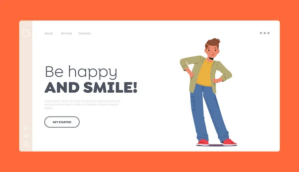 Kid Positivität Glück Landing Page Template Happy Boy Tragen Lässige — Stockvektor