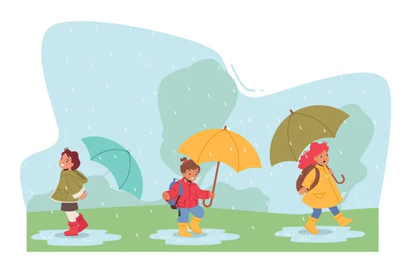 Happy Kids Run Umbrella Baby Boys Girls Characters Walking Rainy — Vector de stock