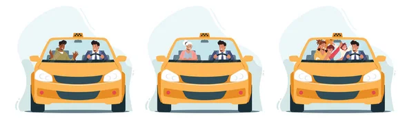 Conjunto Personajes Utilice Servicio Taxi Clientes Clientes Conductor Cabina Con — Vector de stock