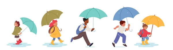 Glückliche Kinder Mit Regenschirmen Auf Weißem Hintergrund Charaktere Für Jungen — Stockvektor