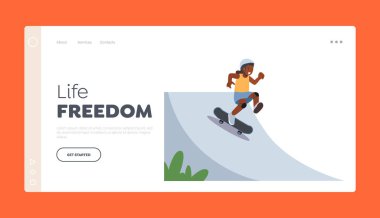 Yaşam Özgürlüğü İniş Şablonu. Küçük Afrikalı Kız Kaykay Yapıyor, Çocuk Karakteri Rollerdrome 'da Gösteri Yapıyor. Şık Gençlik Pateni, Kaykay Aktivitesi. Çizgi film Vektör İllüstrasyonu