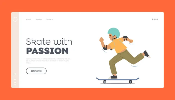 Skateboarding Extreme Sport Landing Page Template. Youth Urban Culture and Children Activity on Street, Preteen Boy in Skate Park or Rollerdrome Perform Skateboard Stunts. Cartoon Vector Illustration