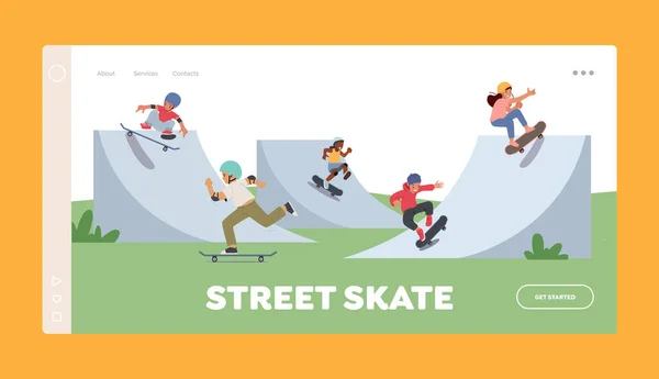 Street Skate Landing Page Template. Children Skating Longboard in City Park. Teen or Preteen Kids Skaters, Boys and Girls Freedom Lifestyle. Stunts on Skateboards. Cartoon People Vector Illustration