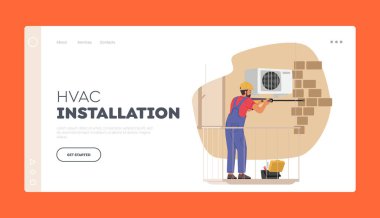 HVAC Yükleme İniş Sayfa Şablonu. Klima Servisi. Profesyonel Teknisyen Karakteri Yeni Bölünme Sistemi Birimi İç Güvenlik ve Ofis 'e kuruluyor. Çizgi film İnsanları Vektör İllüstrasyonu