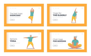 Yaşlılar için Yoga, Sağlıklı Yaşam Tarzı, Meditasyon İniş Sayfa Şablonu. Kadın Karakterler Yoga Meditasyonu, Asana veya Esneme. Yaşlı Kadın Dengesi. Çizgi film İnsanları Vektör İllüstrasyonu