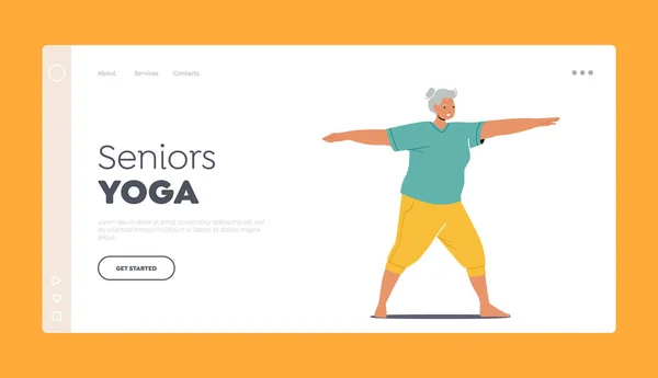 Πρότυπο Σελίδας Yoga Landing Ηλικιωμένων Γριά Γυναίκα Υγιής Αθλητισμός Ζωής — Διανυσματικό Αρχείο