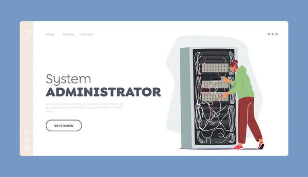 시스템 관리자가 템플릿 페이지에 Sysadmin Servicing Server Racks 컴퓨터 재사용 — 스톡 벡터