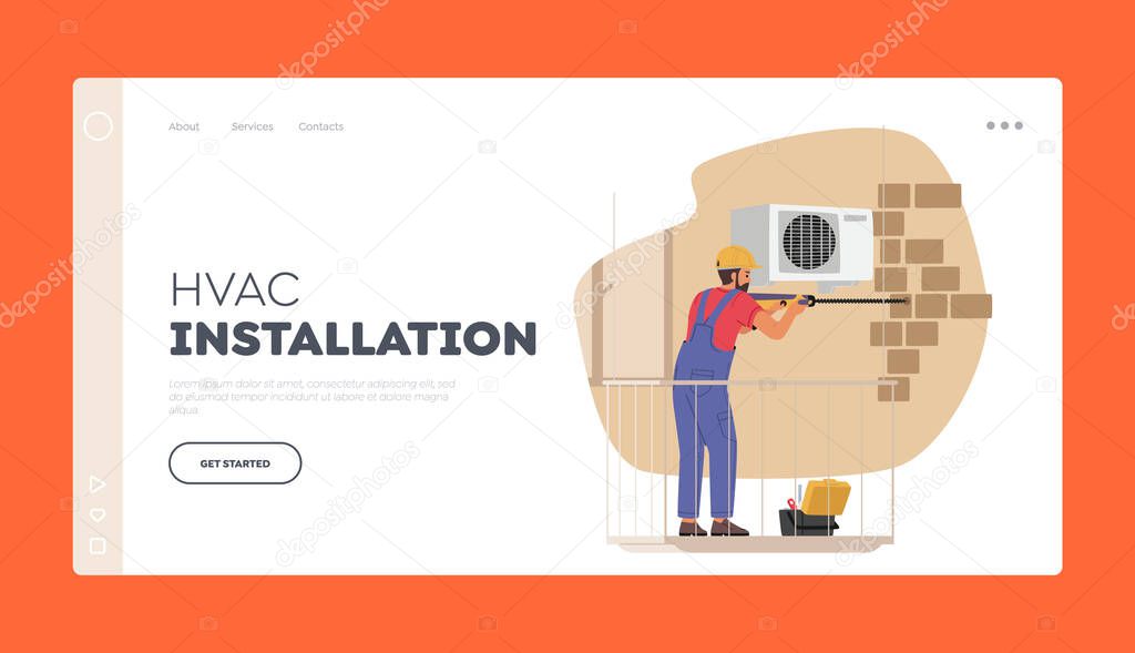 HVAC Installation Landing Page Template. Air Conditioner Service. Professional Technician Crew Character Install New Split System Outdoor Unit at Home or Office. Cartoon People Vector Illustration