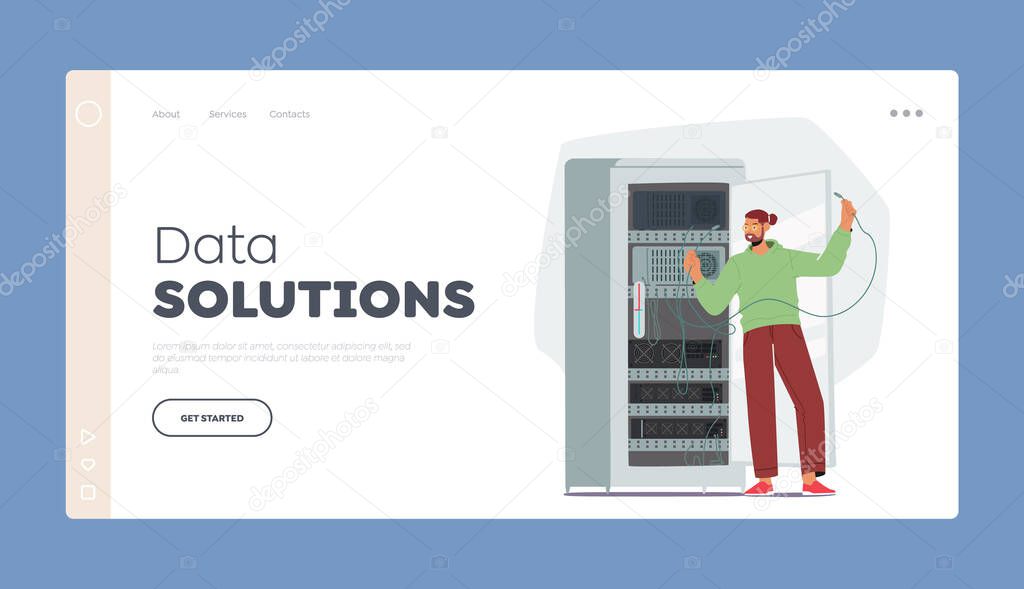 Data Solutions Landing Page Template. System Administrator Character Servicing Server Racks. Sysadmin Upkeeping Configuration of Computer Systems and Networks. Cartoon People Vector Illustration
