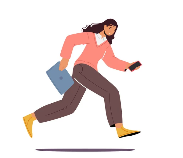 Γραφείο Εργαζόμενος Αργά Στη Δουλειά Νέοι Fashioned Girl Running Smartphone — Διανυσματικό Αρχείο