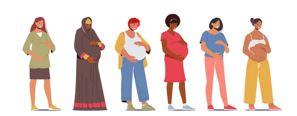 跨国妇女怀孕和生育概念 因白种人背景而与大肚皮隔离的不同怀孕母亲 女性角色为母性做好准备 卡通人物矢量图解 — 图库矢量图片
