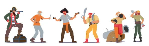 Conjunto Piratas Corsários Personagens Com Armas Sabres Bolas Canhão Garrafa — Vetor de Stock