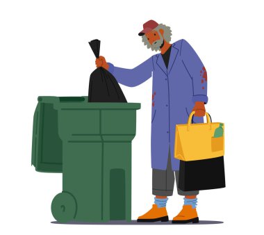 Evsizlik ve İşsizlik Sosyal Sorunları Konsepti. Eski Paçavralı Giysiler içinde Evsiz Yoksul Adam Yiyecek Bir şeyler Ararken Çöpte Düşüyor. Şehir Bum Yaşam Tarzı. Çizgi film İnsanları Vektör İllüstrasyonu