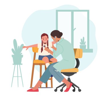 Çocuk Doktoru 'nda check-up. Pediyatrist, steteskoplu hasta kızı muayene ediyor. Çocuk Sağlığı Kurumu 'nda ya da Otolaryngologist Ofisi' nde. Çizgi film İnsanları Vektör İllüstrasyonu
