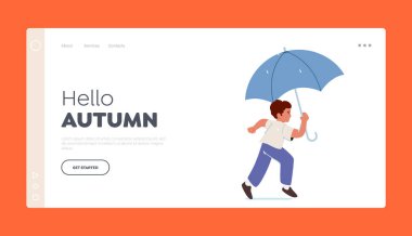 Merhaba Autumn Landing Page Şablonu. Baby Boy, Şemsiyeyle kaç. Küçük Erkek Karakteri Yağmurlu Sonbahar Havası 'nda, Sokakta Oynuyor, Dışarıda Eğleniyor. Çizgi film İnsanları Vektör İllüstrasyonu