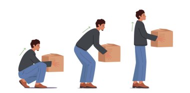 Ağır Kutu Kavramının Doğru Kaldırılması. Ellerinde karton paketle ayağa kalk. Erkek Karakteri Sırt Güvenliği, Sağlık Hizmetleri ve Yara Önleme Tekniği. Çizgi film İnsanları Vektör İllüstrasyonu