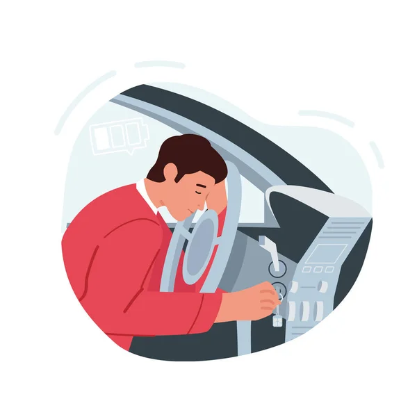 累了的人睡在车里的轮回里 睡眠不足和睡眠不足导致开车时打瞌睡的男性角色 超负荷的汽车司机 卡通人物矢量图解 — 图库矢量图片