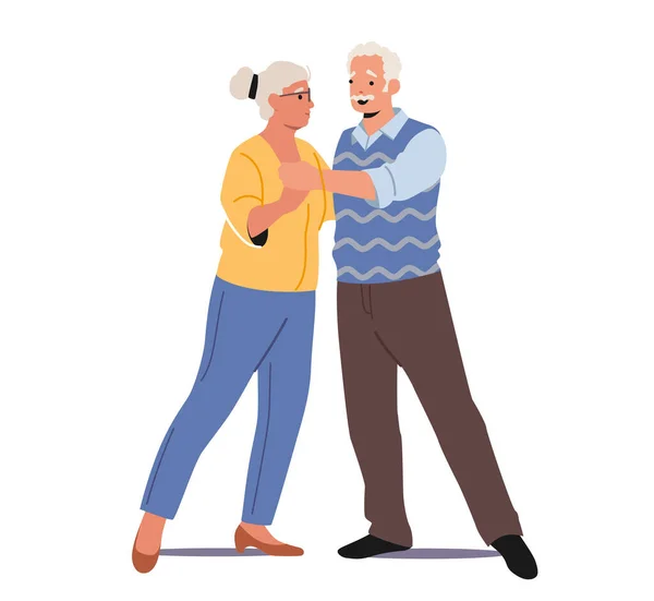 Loving Aged Couple Romantic Relations. Happy Elderly Male and Female Characters Dance. Senior Man and Woman Embrace Each Other, Love Feelings, Romance Emotions. Cartoon People Vector Illustration