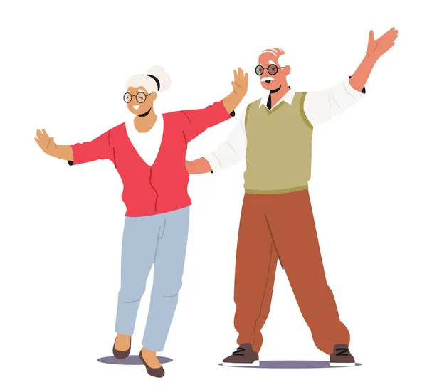 Happy Elderly Male and Female Characters Dance Together. Loving Aged Couple Romantic Relations. Senior Man and Woman Moving Body, Love Feelings, Romance Dating. Cartoon People Vector Illustration