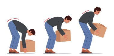 Ağır Kutu Kavramının Yanlış Kaldırılması. Ellerinde karton paketle ayağa kalk. Erkek Karakteri Sırt Güvenliği, Sağlık Hizmetleri ve Yara Önleme Tekniği. Çizgi film İnsanları Vektör İllüstrasyonu