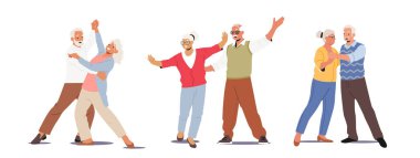 Yaşlı Çiftler Dansı, Yaşlı İnsanlar Romantik İlişkiler Konsepti. Mutlu Yaşlı Erkekler ve Kadınlar Dans Ederken Kucaklaşıyor, El ele tutuşuyor. Eski Karakterler Çıkma, Aşk. Çizgi film İnsanları Vektör İllüstrasyonu