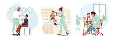 Şirin Çocuklar, Doktor Otolaryngologist 'in muayenehanesini ziyaret edin. Hekim Danışmanlığındaki Çocuk Karakterleri ya da Kızlarla Arkadaş Canlısı Tıbbi Personel Çalışmaları. Çizgi film İnsanları Vektör İllüstrasyonu