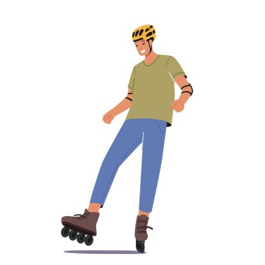 Genç adam kasklı, patenli, beyaz arka planda izole edilmiş. Modern Moda Erkek Karakteri, Kaykay Parkı 'nda, Açık Hava Aktivitesi' nde, Spor Eğlencesi 'nde. Çizgi film İnsanları Vektör İllüstrasyonu