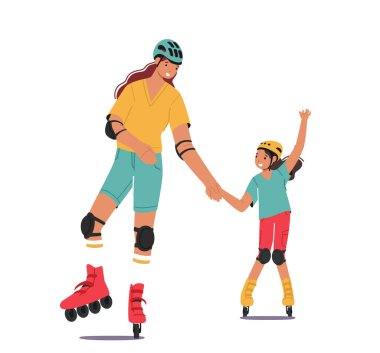 Anne ve Küçük Kız, Beyaz Arka plan 'da izole edilmiş paten kayıyorlar. Aile etkinliği, boş zaman, spor zamanı. Anne ve Kız Kask Giyiyor Paten Patenler. Çizgi film İnsanları Vektör İllüstrasyonu