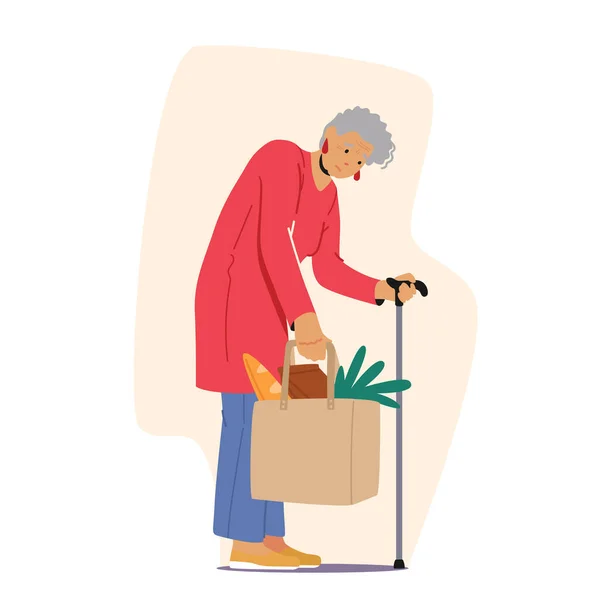 疲れている高齢者の女性は袋に食品や食料品を運ぶ 歩く杖にもたれて立つおばあちゃん 祖母に助けが必要 高齢者の健康上の問題 シニアキャラクター疲労 漫画人ベクトルイラスト — ストックベクタ