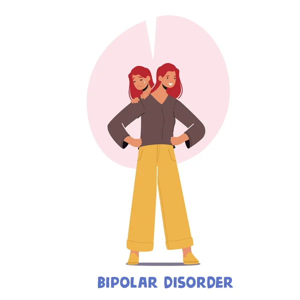二極性精神脳障害の女性キャラクター 二つの頭を持つ女性 正と負の感情を表現 神経心理学と感情心理学の病気 漫画人ベクトルイラスト — ストックベクタ