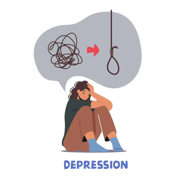 うつ病 精神疾患 不幸な女性が自殺を考えて頭の中で思考を絡めて床に座っています 女性キャラクターには心理的なヘルプが必要です 心の健康問題 漫画ベクターイラスト — ストックベクタ