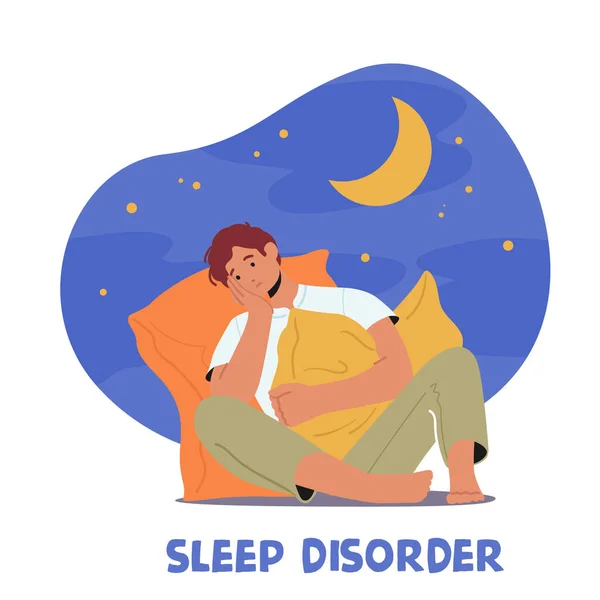 不眠症と睡眠障害の概念 睡眠薬の中毒 若い男の文字ベッドの夜の時間で大きな枕に座って眠ることができません 健康上の問題 漫画ベクターイラスト — ストックベクタ