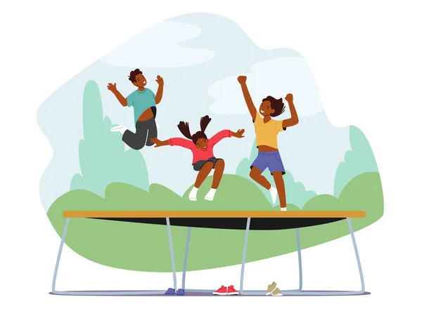 Niños Pequeños Saltando Subiendo Trampolín Soleado Día Verano Amigos Celebran — Vector de stock