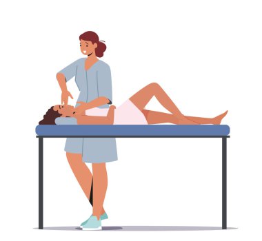 Osteopatik Tedavi Konsepti. Doktor Osteopath 'ın ofisinde koltukta uzanan kadın. Yüz masajı prosedürünü uygulayan kadın karakter beyaz arka planda izole edildi. Çizgi film İnsanları Vektör İllüstrasyonu