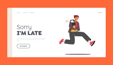 Endişeli Adam Fazla Uyumuş İniş Sayfası Şablonu nedeniyle İş Başında. İş adamı ya da Belgeleri Olan Öğrenci Stres Durumu. Ofiste Geç Kalan İş Karakteri. Çizgi film İnsanları Vektör İllüstrasyonu