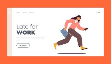 Ofis İşçisi İniş için Geç Kaldı Sayfa Şablonu. Akıllı Telefon ve Dizinle Koşan Genç Moda Kızı, İş Kadını Buluşmada Acele, Kadın Karakteri Acele. Çizgi film Vektör İllüstrasyonu