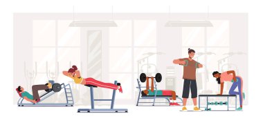 Spor Aktivitesi, Sağlıklı Yaşam Konsepti. Spor salonunda eğitim gören insanlar. Erkek ve Kadın Karakterler, Ağırlıkla Spor Yapan Profesyonel Spor Ekipmanı ile Egzersiz Yapıyor. Çizgi film Vektör İllüstrasyonu
