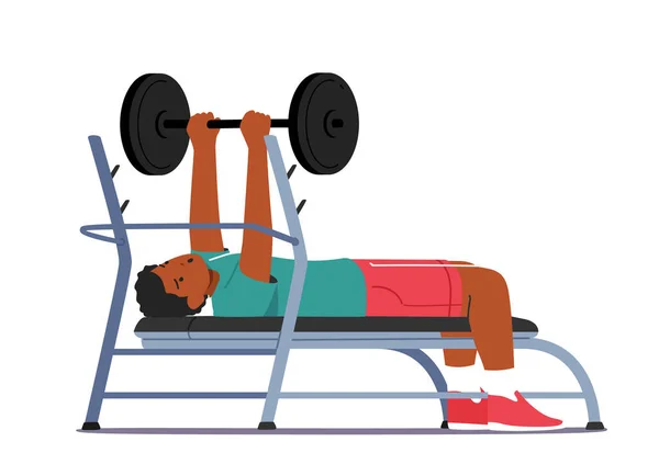 Black Man Workout Barbell Lying Bench Sportsman Powerlifter Male Character — Stock Vector