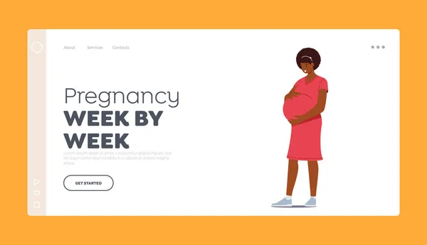 Schwangerschaft Woche Für Woche Landing Page Template Schöne Schwangere Afrikanerin — Stockvektor