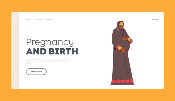Pregnancy Birth Landing Page Template Pregnant Arab Woman Beautiful Young — Stock Vector