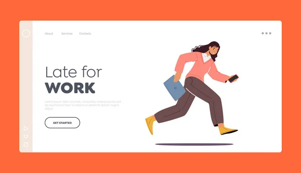 Office Worker Late for Work Landing Page Template (dalam bahasa Inggris). Young Fashioned Girl Running with Smartphone and Folder in Hands, Businesswoman Haste on Meeting, Female Character Hurry (dalam bahasa Inggris). Ilustrasi Vektor Kartun — Stok Ilustrasi Office Worker Late Work Landing Page Template Dalam Bahasa Inggris Stok Vektor Bebas Royalti