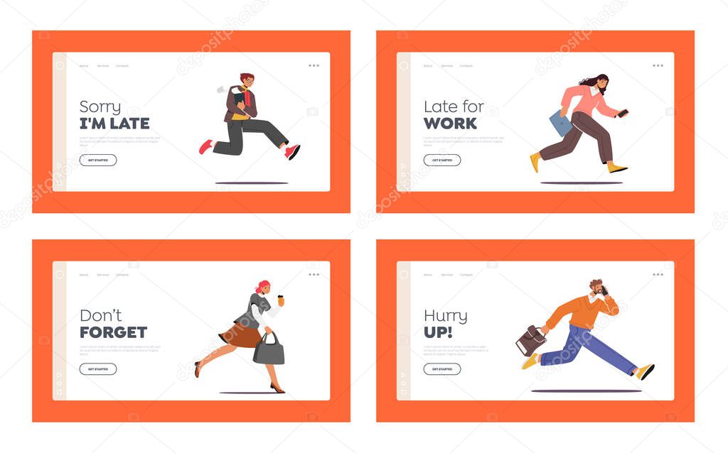 People Late in Office Landing Page Template Set. Characters Hurry at Work due to Oversleep or Traffic Jam. Businessmen, Businesswomen or Students Run with Bags and Coffee. Cartoon Vector Illustration