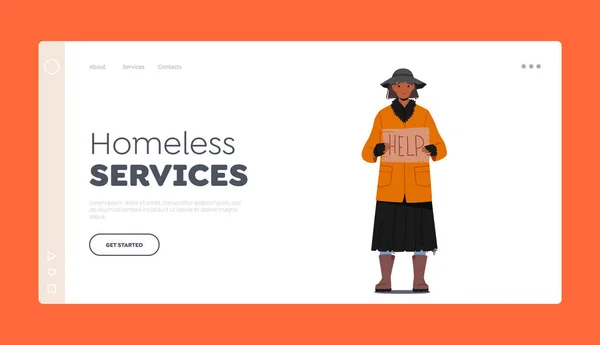 Dakloos Services Landing Page Template Vrouw Holding Banner Hulp Nodig — Stockvector