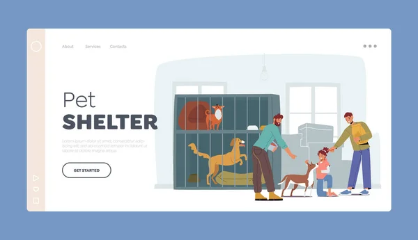 Pet Shelter Landing Page Template Papà Con Bambini Visita Centro — Vettoriale Stock