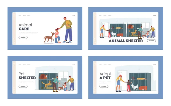 Animal Shelter Landing Page Template Set Pound Rehabilitation Adoption Center — 스톡 벡터